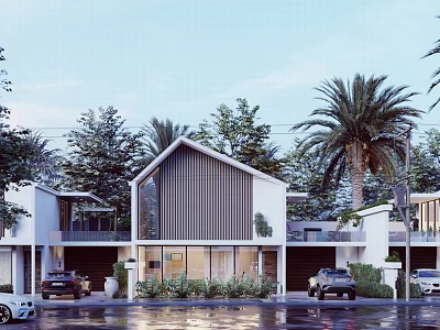 Modern Detached Villa Exterior With Palm Trees Driveway And Garage Design 3d model