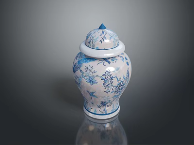 Carved Blue and White Ceramic Jar Sculpture With Floral Bird Designs And Lid 3d model