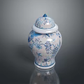 Carved Blue and White Ceramic Jar Sculpture With Floral Bird Designs And Lid