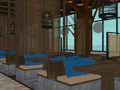 Contemporary Restaurant Interior With Blue Cushioned Seats Wooden Tables And Hanging Lamps 3d model