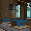 Contemporary Restaurant Interior With Blue Cushioned Seats Wooden Tables And Hanging Lamps