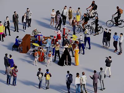 Group of Diverse People Talking Biking Taking Photos and Playing Piano with Various Poses 3d model