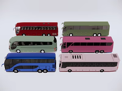 Six Colorful Model Buses in Various Hues Neatly Arranged on White Background 3d model