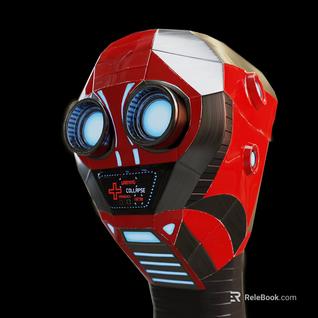 Red Robot Character Head With Biomorphic Large Round Blue Glowing Eyes And Display Screen 3d model 