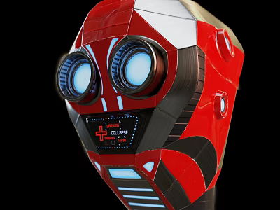 Red Robot Character Head With Biomorphic Large Round Blue Glowing Eyes And Display Screen 3d model