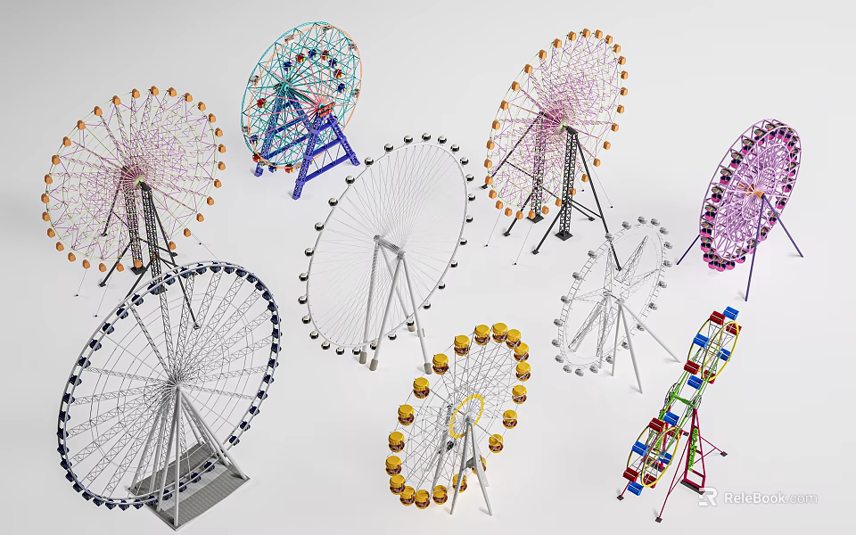 Colorful Ferris Wheels With Various Designs For Amusement Park Rides 3d model 