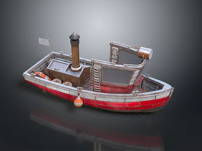 Small Red And White Boat With Chimney Ladder And Orange Lifebuoy 3d model