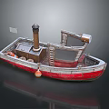 Small Red And White Boat With Chimney Ladder And Orange Lifebuoy