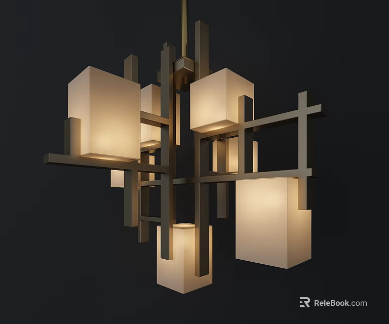 Modern Contemporary Chandelier With Geometric Wooden Frame And White Lampshades 3d model 