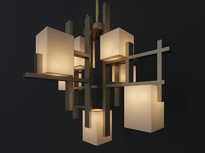 Modern Contemporary Chandelier With Geometric Wooden Frame And White Lampshades 3d model