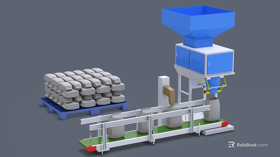 Industrial Automatic Bagging Equipment With Conveyor Belt And Pallet Stacked Bags 3d model 