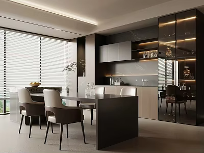Modern Dining Room Interior With Dark Dining Table Gray Chairs And Glass Cabinets 3d model