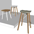 Three Modern Bar Stools Featuring Wooden Seats And Metal Frames On White Platform 3d model