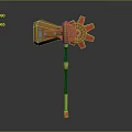 Golden And Red Decorative Axe With Gear Like Red Accents And Black Handle
