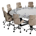 Round Modern Conference Table With Wheeled Office Chairs And Glass Top