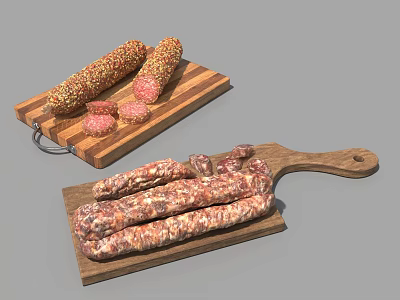 Delicious Sausages Sliced on Rustic Wooden Cutting Boards with Fresh Meat 3d model