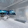 High Tech Control Room With Multiple Screens Hexagonal Floor White Walls And Ceiling Lights