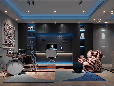 Modern Room With Drums Striped Chair And Art Decor 3d model