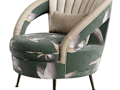 Green Velvet Accent Chair With Bird Pattern Beige Cushion And Metal Legs 3d model