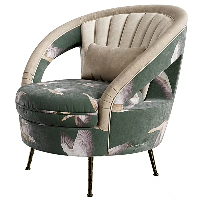 Green Velvet Accent Chair With Bird Pattern Beige Cushion And Metal Legs 3d model