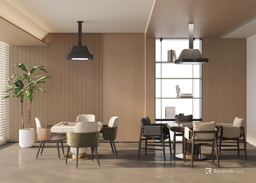 Modern Dining Space Interior With Wooden Walls Pendant Lights Tables Chairs And Potted Plant 3d model 