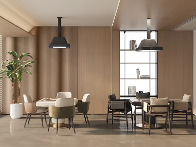 Modern Dining Space Interior With Wooden Walls Pendant Lights Tables Chairs And Potted Plant 3d model