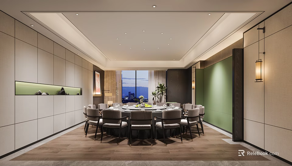 Private Dining Room Modern Interior With Round Table Chairs Green Wall And Window View 3d model