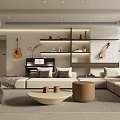 Modern Living Room Interior Design With Large Sofa Coffee Tables Guitar And Decorative Shelves