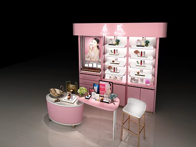 Pink Cosmetic Display Shelves With Round Counter White Chair And Skincare Products 3d model