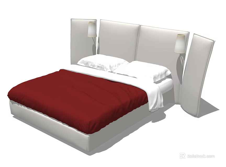 Modern Double Bed With White Headboard Side Lamps Red Comforter And White Sheets 3d model