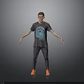 Man Wearing Grey T Shirt With Blue Gear Print Grey Pants Red Shoes Arms Outstretched