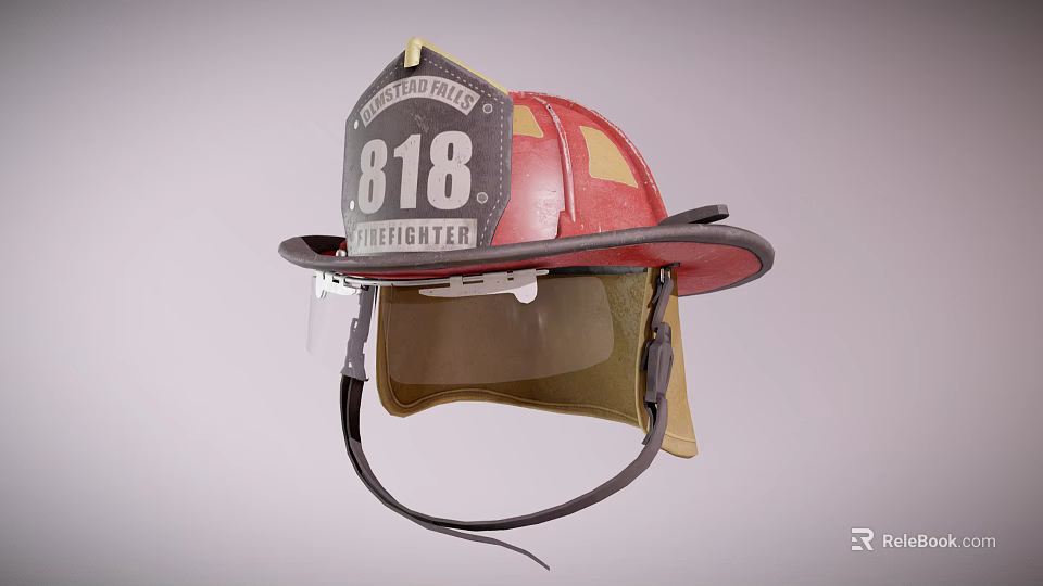 Red and Yellow Firefighter Helmet with 818 Number Transparent Face Shield and Black Strap 3d model 