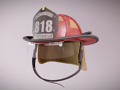 Red and Yellow Firefighter Helmet with 818 Number Transparent Face Shield and Black Strap 3d model