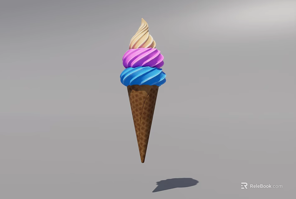 Colorful Ice Cream Cone With Vanilla Pink And Blue Scoops In Waffle Cone 3d model 