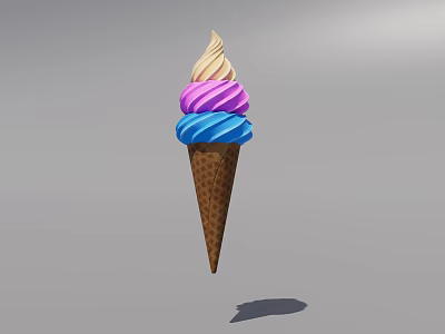 Colorful Ice Cream Cone With Vanilla Pink And Blue Scoops In Waffle Cone 3d model
