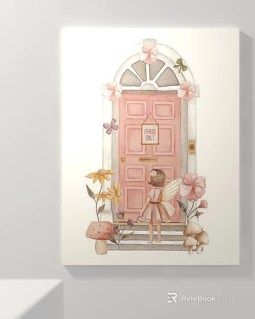 Enchanting Fairy Standing by Pink Door with Flowers Butterflies and Mushrooms 3d model 