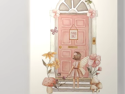 Enchanting Fairy Standing by Pink Door with Flowers Butterflies and Mushrooms 3d model