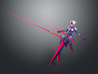 Game Movie Female Character Wearing White Helmet Red Blue Outfit Floating With Red Long Blades 3d model