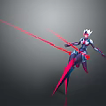 Game Movie Female Character Wearing White Helmet Red Blue Outfit Floating With Red Long Blades