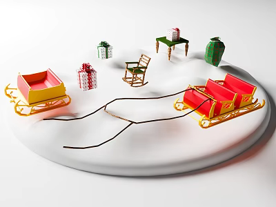 Christmas Window Display Decoration With Red Yellow Sleighs Gift Boxes And Rocking Chair 3d model