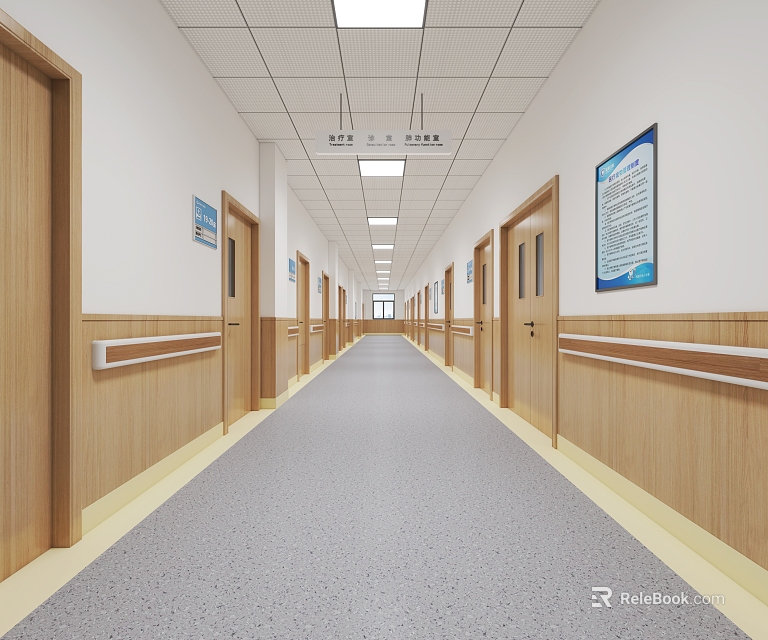 Hospital Outpatient Corridor with Wooden Doors Handrails White Walls and Ceiling Lights 3d model 