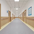 Hospital Outpatient Corridor with Wooden Doors Handrails White Walls and Ceiling Lights