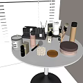 Perfume Cosmetics Arranged On White Table With Makeup Brushes Powder And Candle