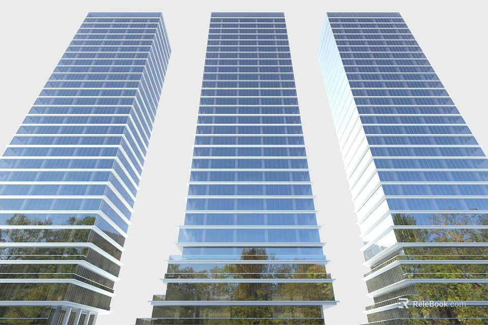 Modern High Rise Office Buildings With Glass Curtain Walls Reflecting Greenery 3d model 