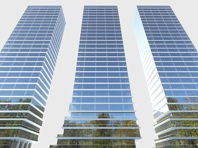 Modern High Rise Office Buildings With Glass Curtain Walls Reflecting Greenery 3d model
