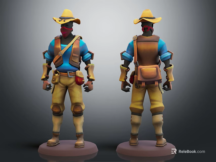 3D Character Model With Yellow Hat Red Mask Blue Shirt Brown Backpack Front Back View 3d model 