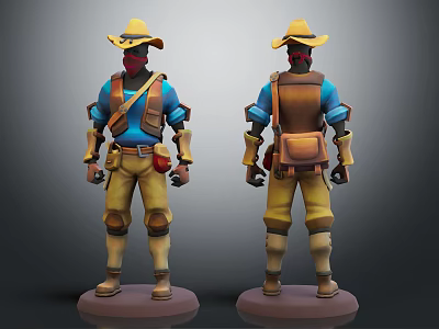 3D Character Model With Yellow Hat Red Mask Blue Shirt Brown Backpack Front Back View 3d model