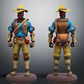 3D Character Model With Yellow Hat Red Mask Blue Shirt Brown Backpack Front Back View 3d model