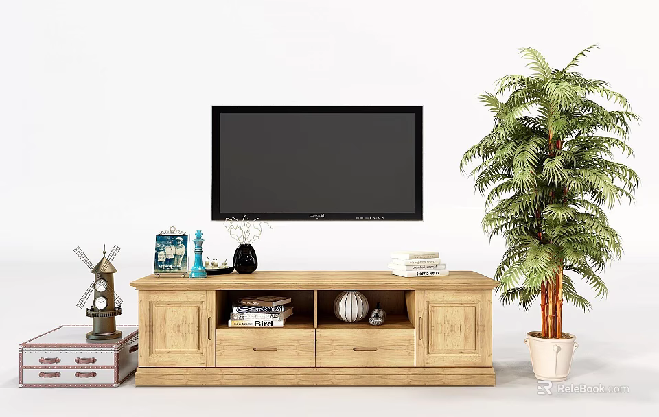 Stylish Wooden Decorative Cabinet With TV Green Plant Books And Ornaments 3d model 