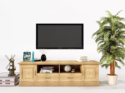 Stylish Wooden Decorative Cabinet With TV Green Plant Books And Ornaments 3d model